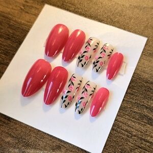 24 pcs pink cream floral flower kawaii press on nails almond
